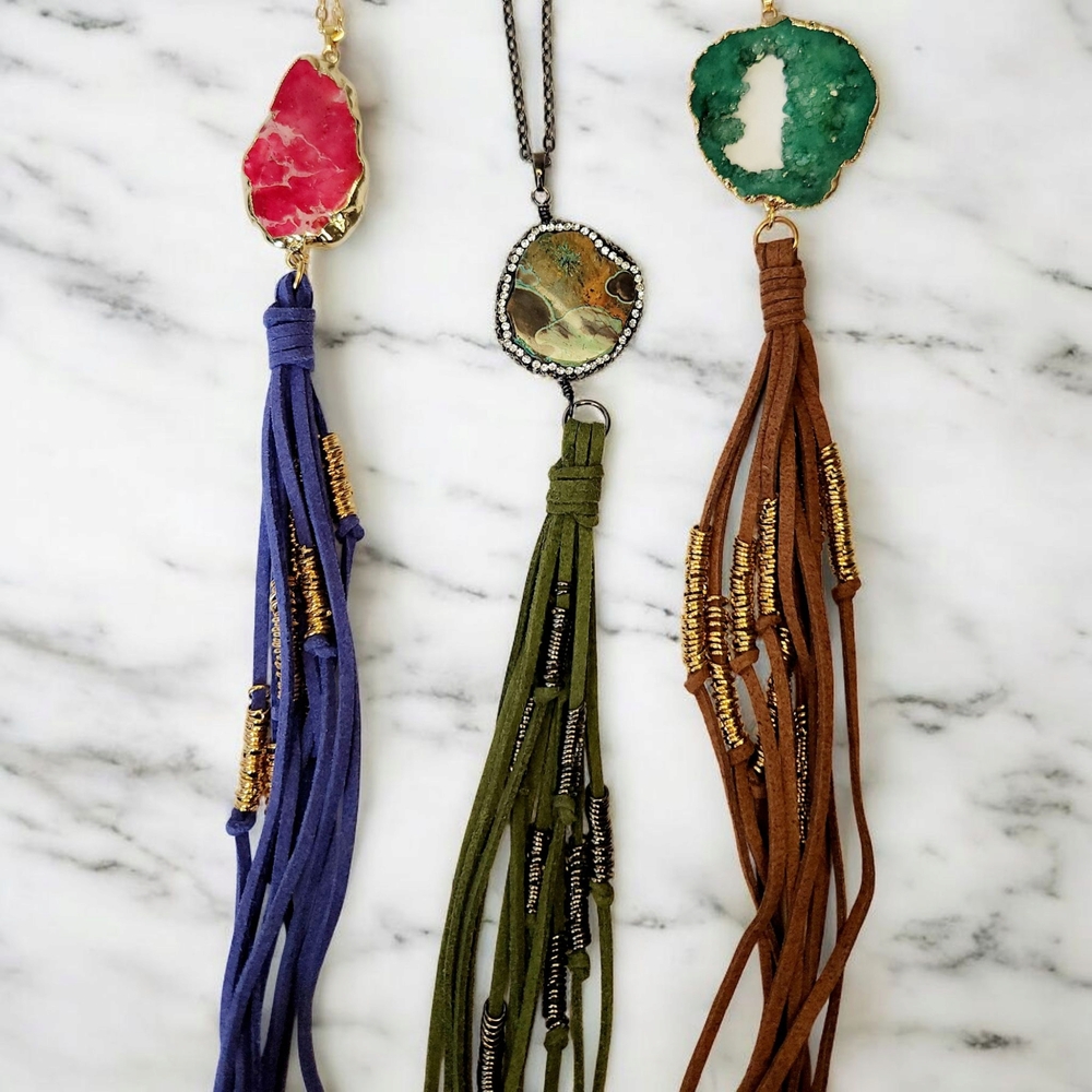 NEW 3 Handmade Geode Stone Statement Necklaces Leather Tassels Western Pendants
